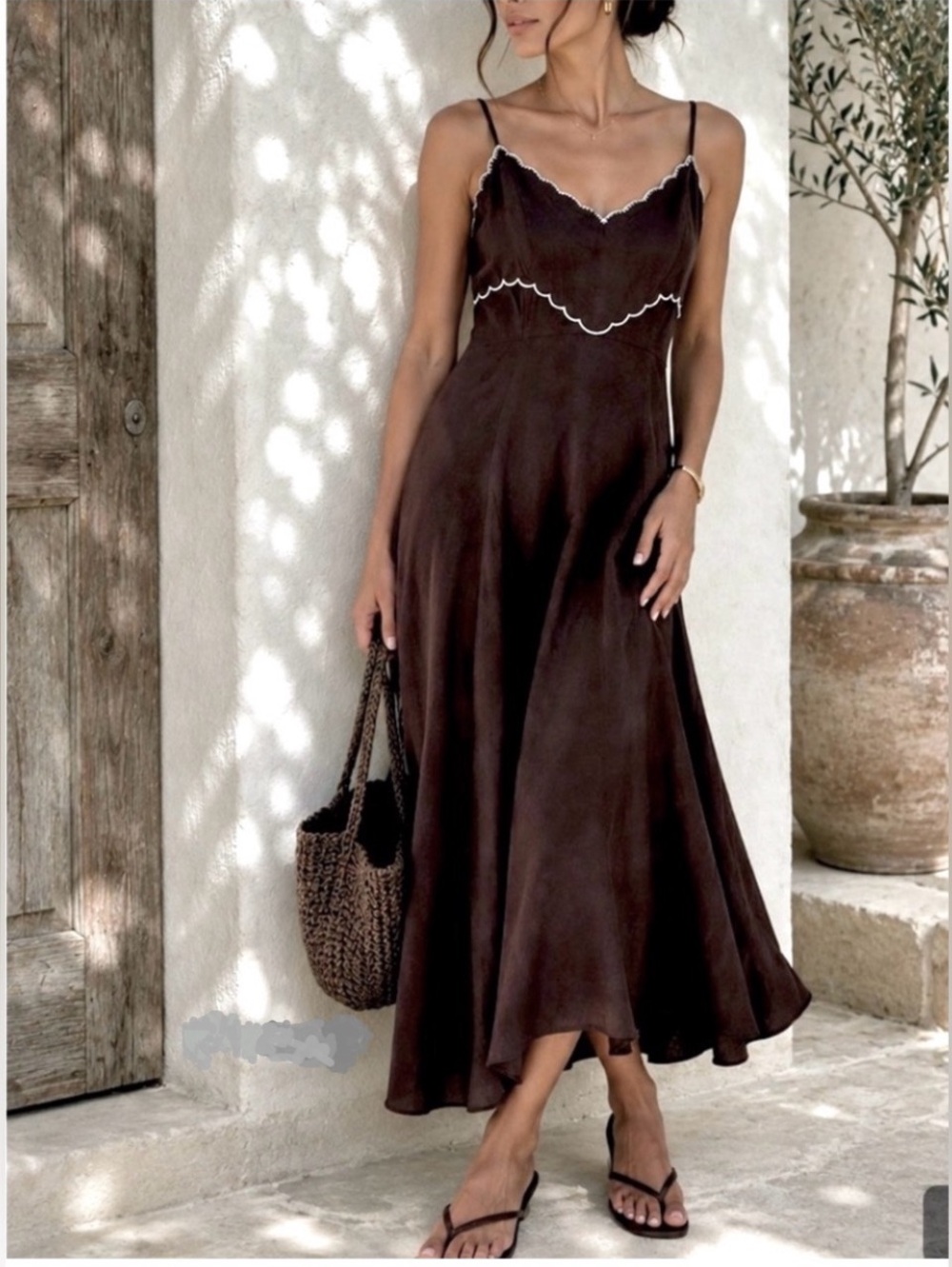 Caroline Constas Linen maxi spaghetti straps summer dress brown size S M